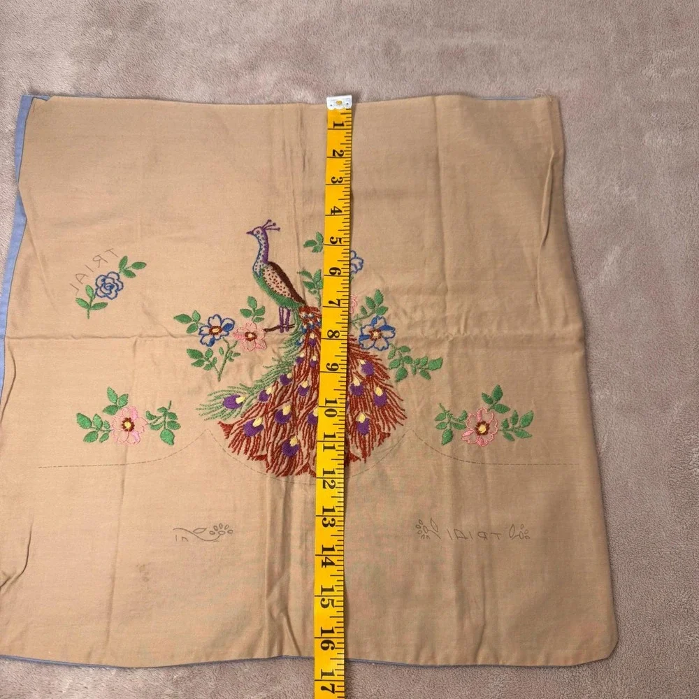 Vintage Peacock Embroidered Pillow‎ Cover Cottagecore Artsy Retro Decor 17x17